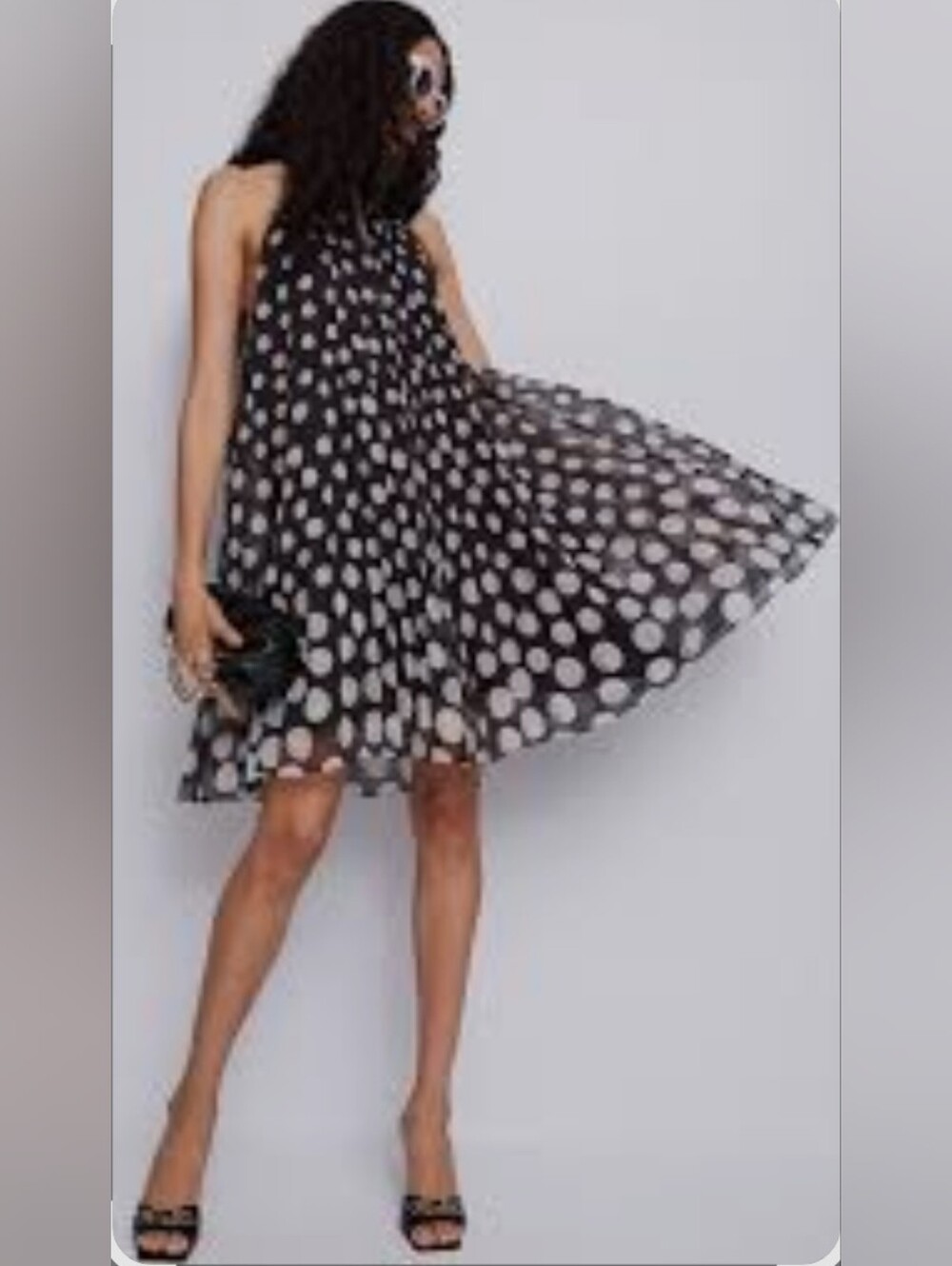 Vintage-Style Black Polka Dot Pleated Halter Chiffon Sheer Ovelay  Dress Large